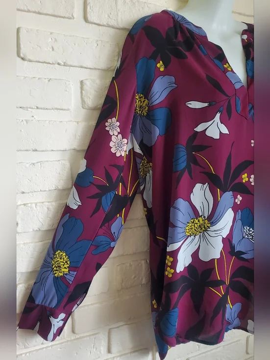 Loft Ann Taylor Flowy Tunic Blouse Long Sleeves Floral Plum Mulberry Wine Med - Picture 8 of 14